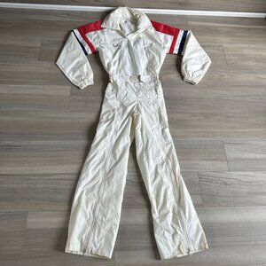 Vintage Descente One Piece Shell Snow Ski Suit Women's Sz M‎ Cream Red Blue New